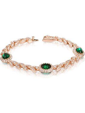 Emerald Green Crystal Tennis Bracelet, Rose Gold Leaf Design, Elegant Vintage